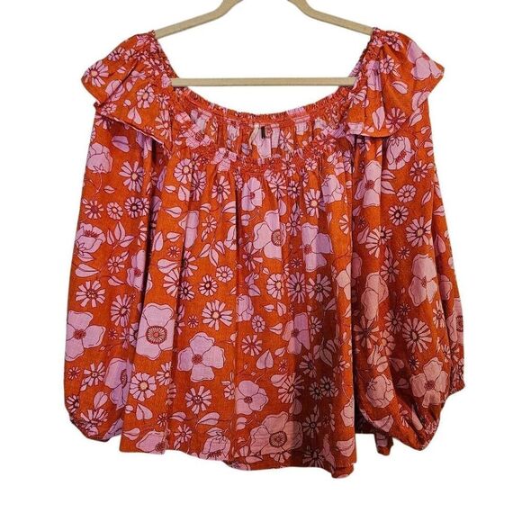 Free People top, orange/pink oversized crop. Size L. #870. - Picture 1 of 6